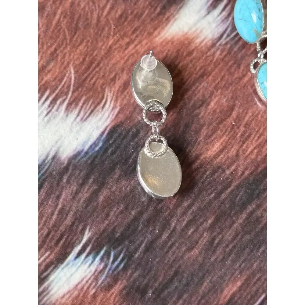 Kingman Turquoise Stones & Sterling Silver Dangle Earrings Handmade In Montana